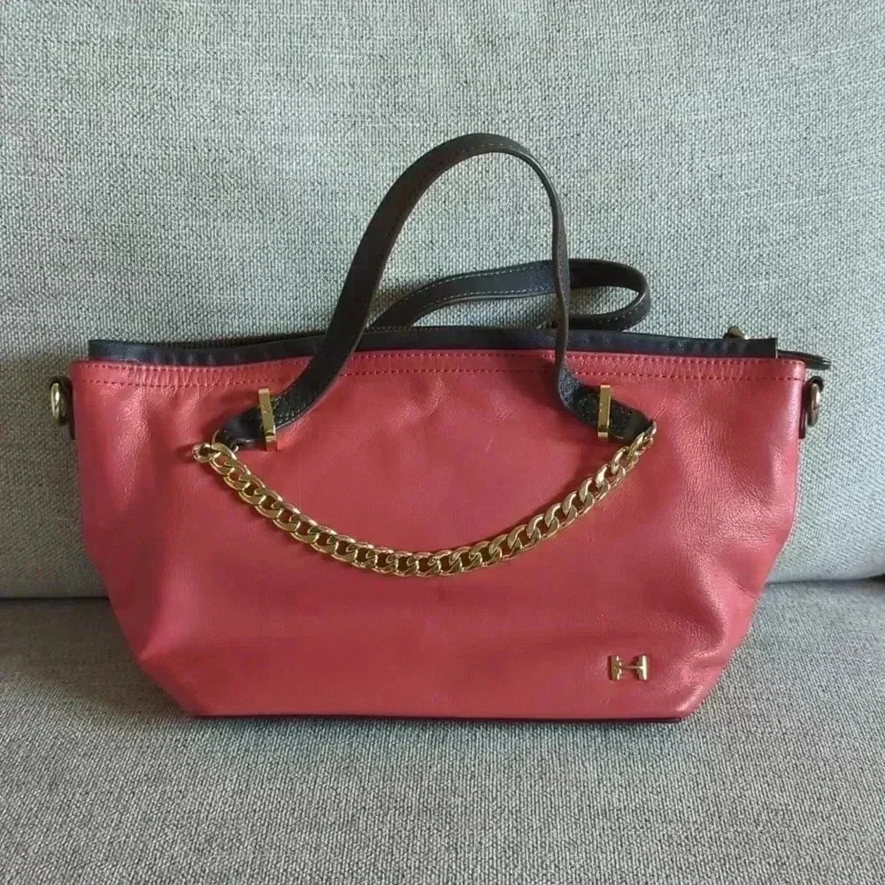 Vintage Halston Heritage Leather Handbag with Crossbody Option Salmon/Brown/Gold - Picture 4 of 6